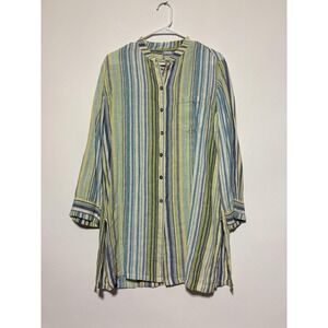 Chicos Shirt Womens 1 Blue Green Yellow Striped 100% Linen Long Sleeve Tunic Top
